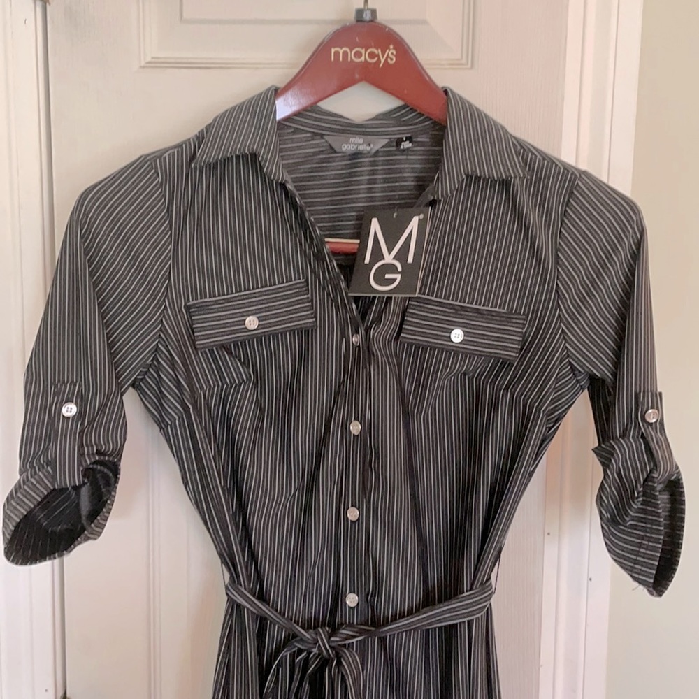 Mlle Gabrielle Black and White Striped Button Up Dress